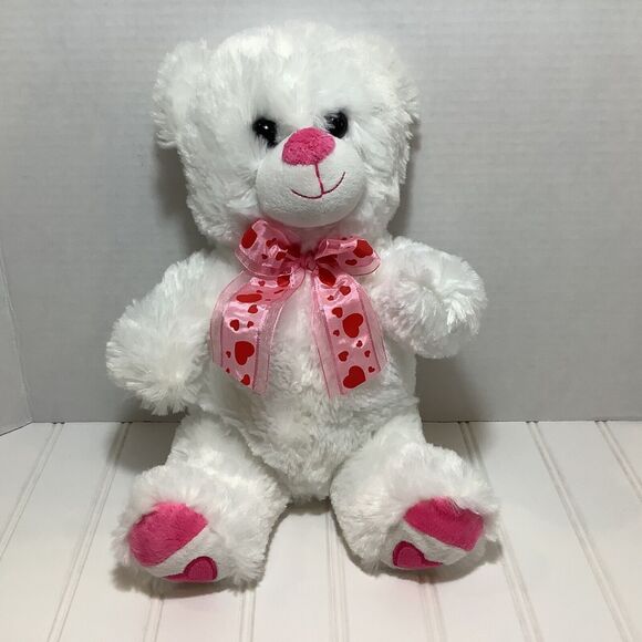 White Teddy Bear 13” Plush Pink Hearts on Feet  and Pink Red Heart Ribbon - Picture 1 of 6